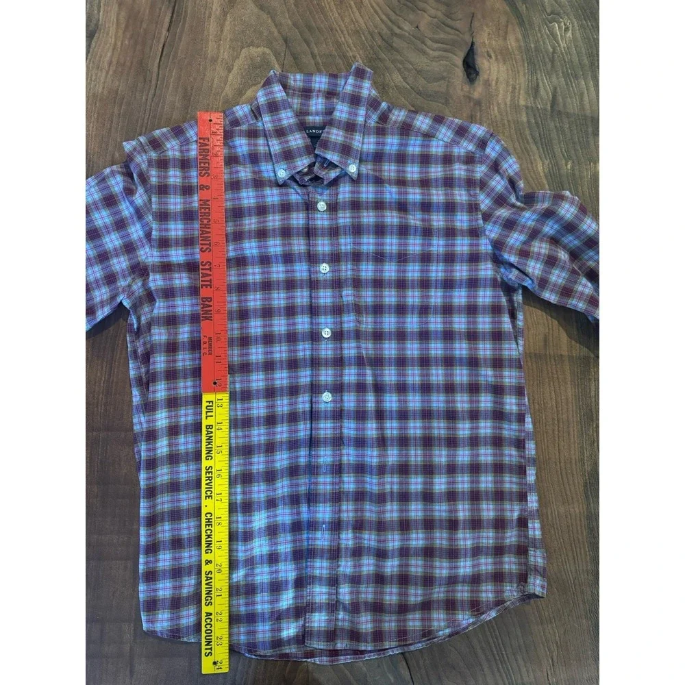 Lands End Boys Purple Green Plaid Long Sleeve Button Down Collared Shirt M 10-12